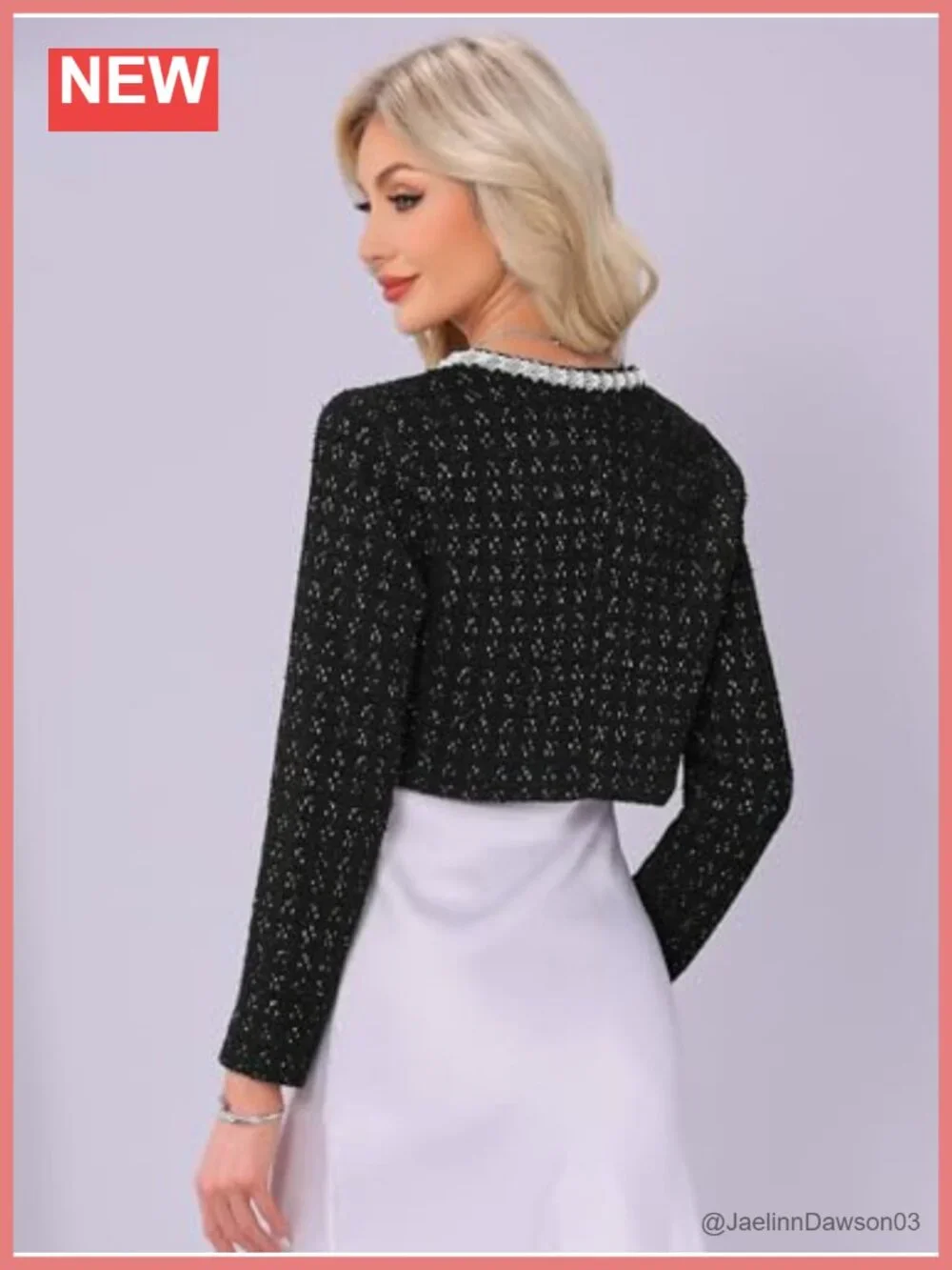 Allegra K Women Tweed Cropped Long Sleeve Open Front Office Jacket